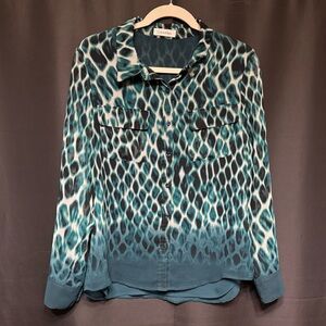 Calvin Klein Sheer Animal Print Button Down Blouse Teal Black White Ombré Lined